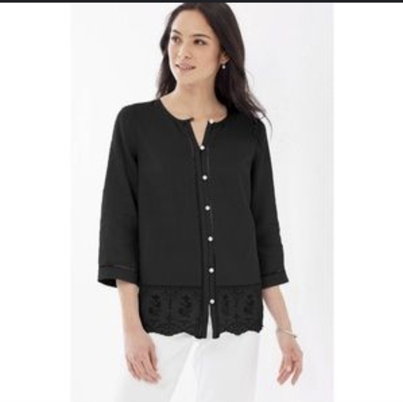 J.jill Black Linen Eyelet Trim  Button Down Top L NWOT Langenlook loose fit - Picture 3 of 12